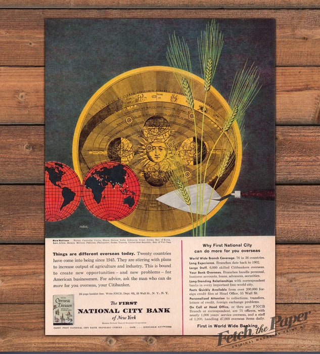 First National City Bank Of New York Overseas Globes Wheat Print Ad 1959 1950s