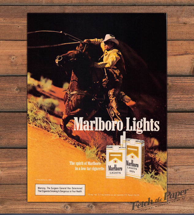 Marlboro Lights Cowboy Horseback Lasso Cigarettes Print Ad 1985 1980s