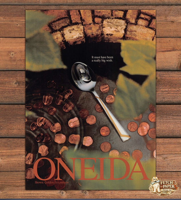 Oneida Golden Era Flatware Spoon Wishing Well Pennies Print Ad 1991 1990s