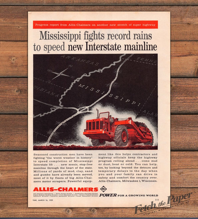 Allis-Chalmers Motor Scraper Mississippi Interstate 55 Print Ad 1959 1950s