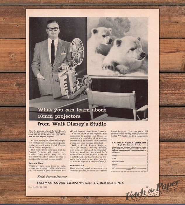 Kodak Pageant 16mm Projector Walt Disney Studio Polar Bears Print Ad 1959 1950s