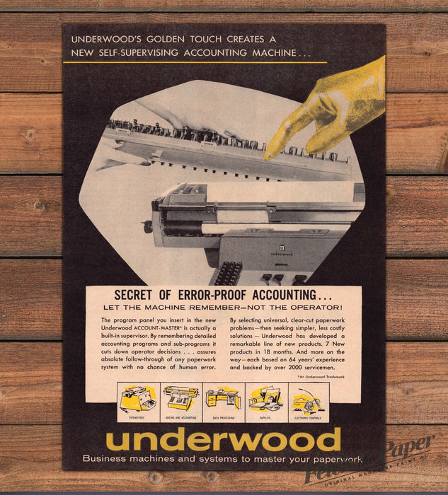 Underwood Account-Master Accounting Machine Gold Hand Print Ad 1959 1950s
