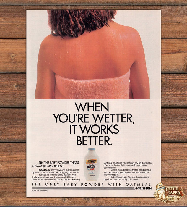 Baby Magic by Mennen Bare Back Wet Towel Oatmeal Powder Print Ad 1991 1990s