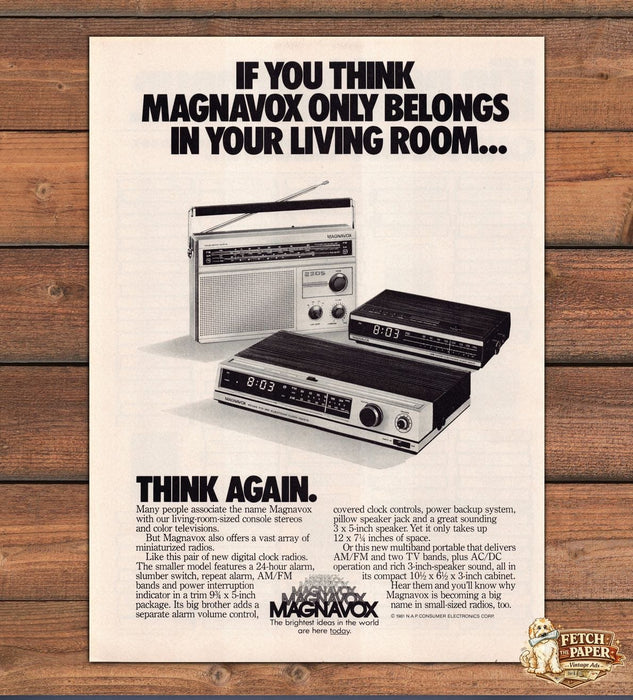 Magnavox Digital Clock Radio AM FM Think Again Vintage Print Ad 1981 1980s