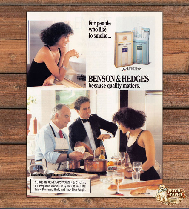 Benson & Hedges Cigarettes Lights Box Tuxedo Dinner Print Ad 1988 1980s