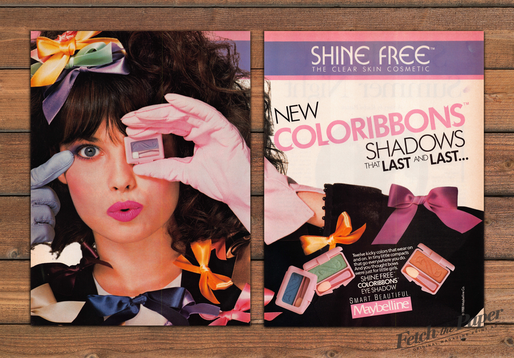 Maybelline Shine Free Coloribbons Eye Shadow Bows Print Ad 1988 1980s (2pgs)