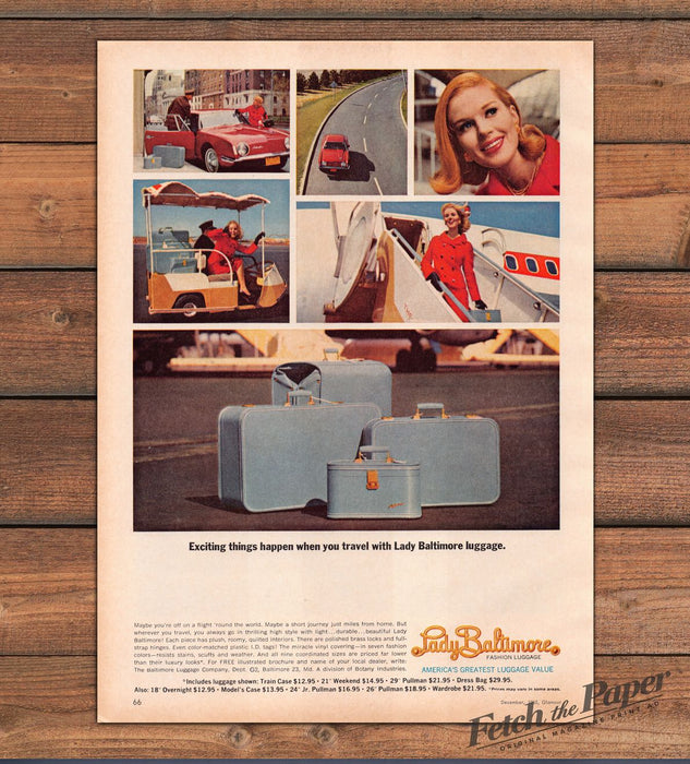 Lady Baltimore Luggage Blue Suitcases Red Coat Plane Stairs Print Ad 1965 1960s