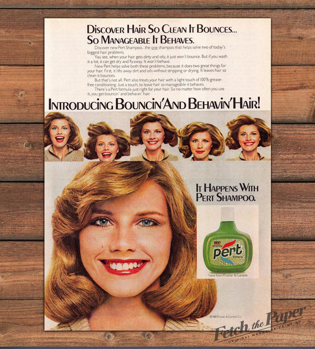 Pert Shampoo Bouncin Behavin Hair Blonde Woman Green Bottle Print Ad 1980 1980s
