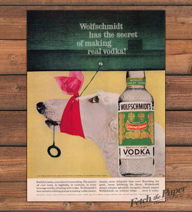 Wolfschmidt Vodka Borzoi Russian Wolfhound Baron Red Bow Print Ad 1959 1950s