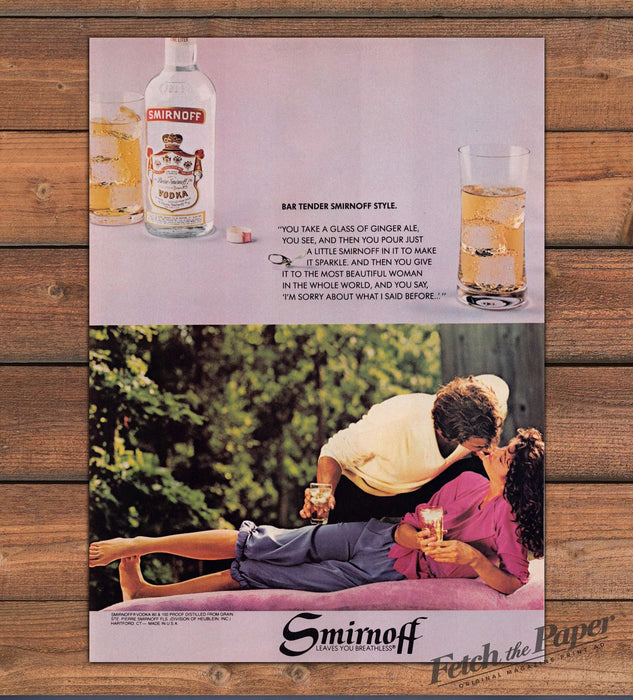 Smirnoff Vodka Couple Kissing Poolside Bloody Mary Print Ad 1980 1980s