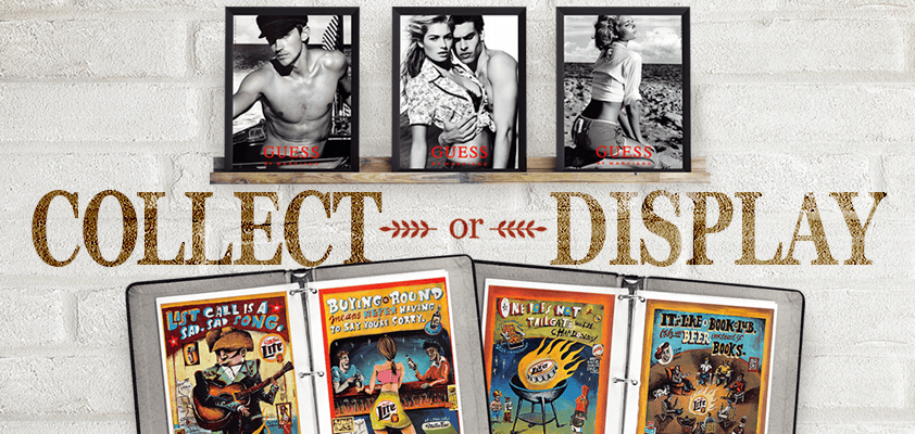 Vintage print ads framed on a shelf and kept in a collector binder