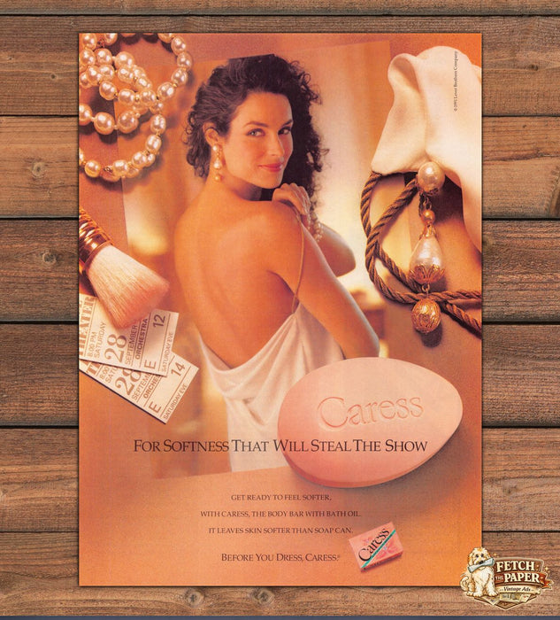 Caress Soap Bath Oil Softness Steal Show Pearls Bare Back Print Ad 1991 1990s