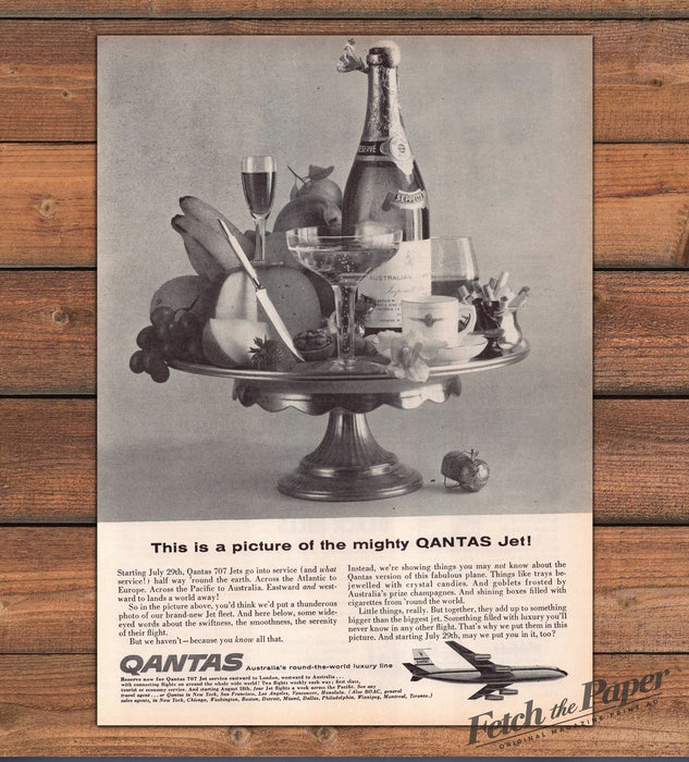 Qantas Mighty Jet Picture Champagne Fruit Pedestal Tray 707 Print Ad 1959 1950s