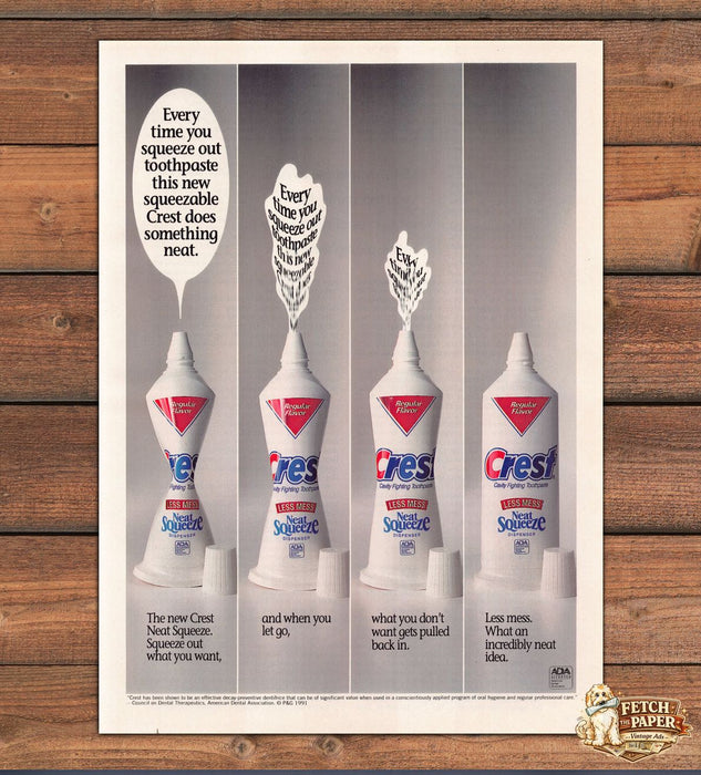 Crest Neat Squeeze Toothpaste Dispenser Less Mess Print Ad 1991 1990s