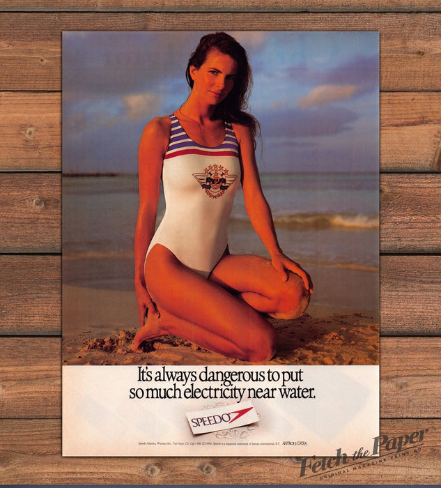 Speedo White Striped One Piece Swimsuit Beach Sunset Print Ad 1988 1980s