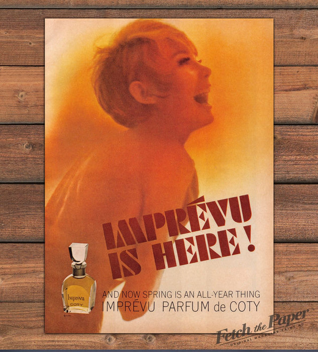 Coty Imprevu Parfum Laughing Woman Bare Shoulders Orange Print Ad 1965 1960s