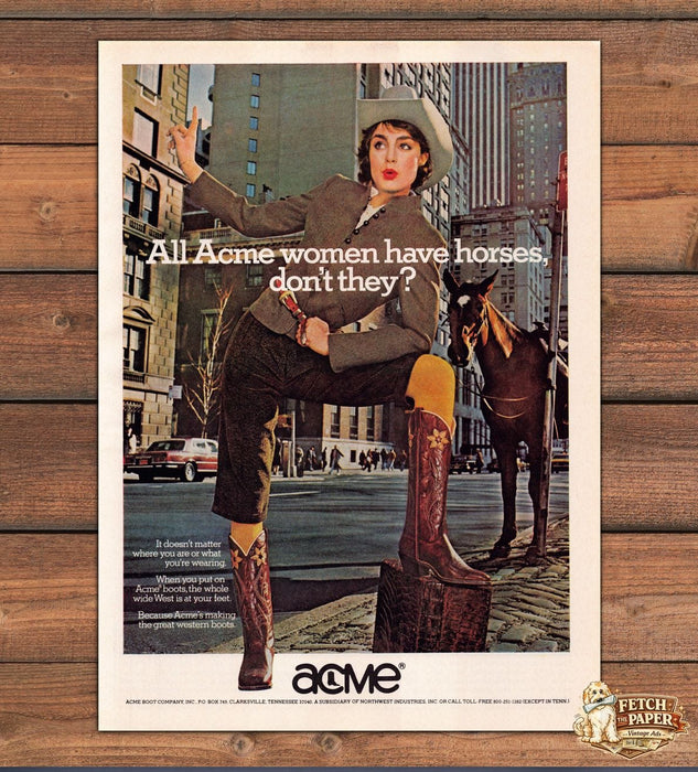 Acme Western Boots 1980s Print Advertisement Ad 1980 Horse in the City