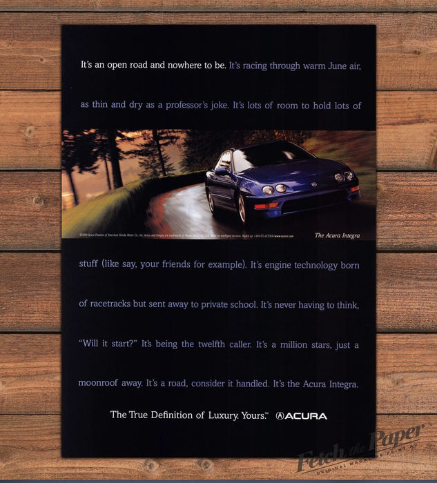 Acura Integra Blue Car on Open Road Print Ad 1998 1990s