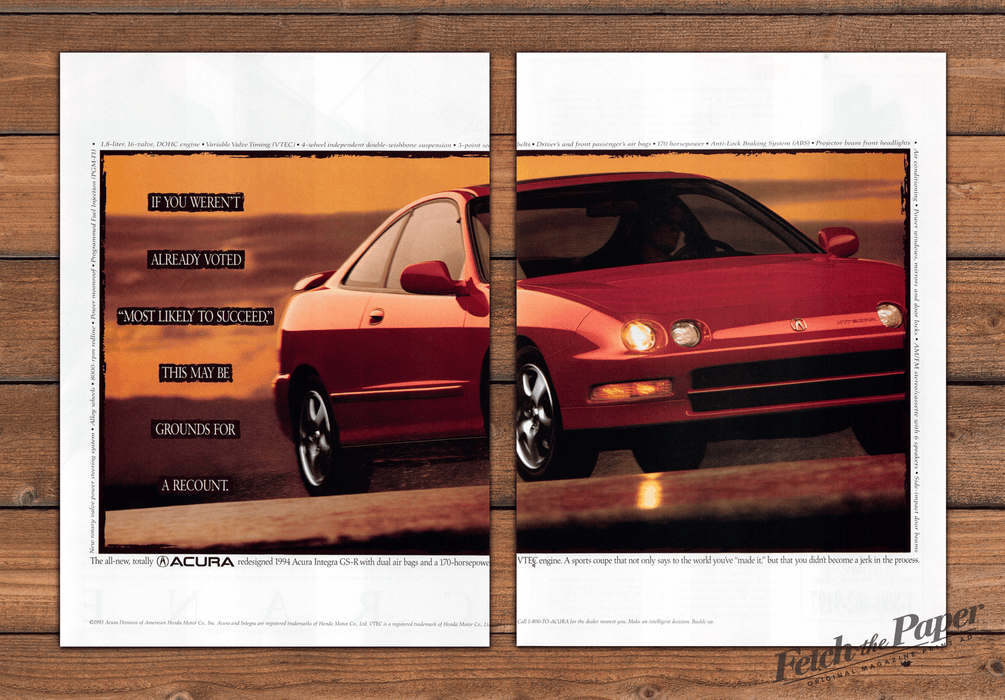 Acura Integra GS-R "Most Likely To Succeed" Coupe Print Ad 1994 1990s (2pgs)