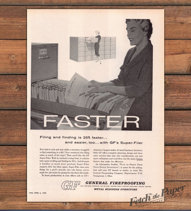General Fireproofing GF Super-Filer Secretary Faster Print Ad 1959 1950s