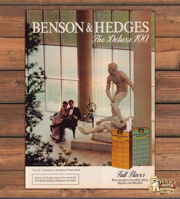 Benson Hedges Deluxe 100 Cigarettes Statue Gallery Print Ad 1983 1980s