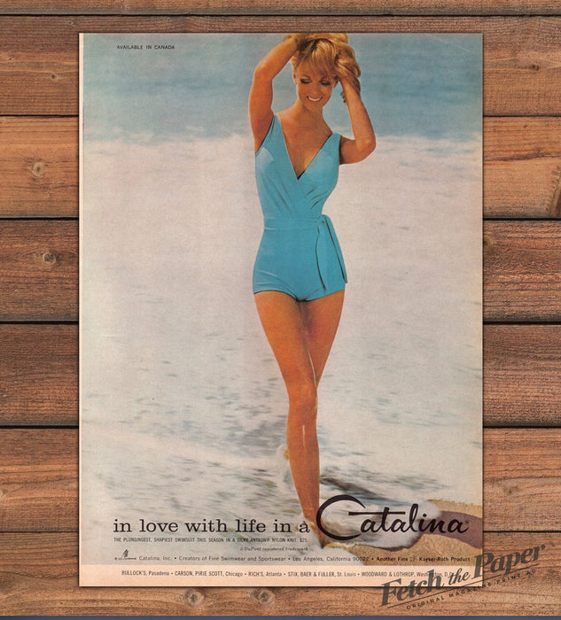 Catalina Swimsuit Blue Surf Woman Silky Antron Nylon Knit Print Ad 1965 1960s