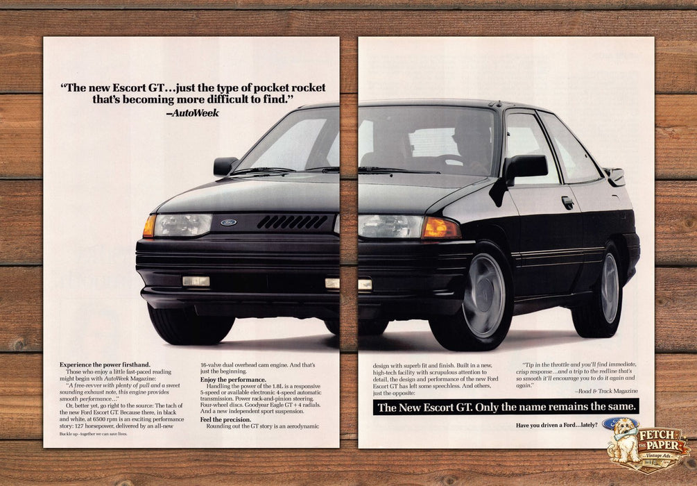 Ford Escort GT Pocket Rocket Black Sport Coupe Print Ad 1990 1990s (2pgs)