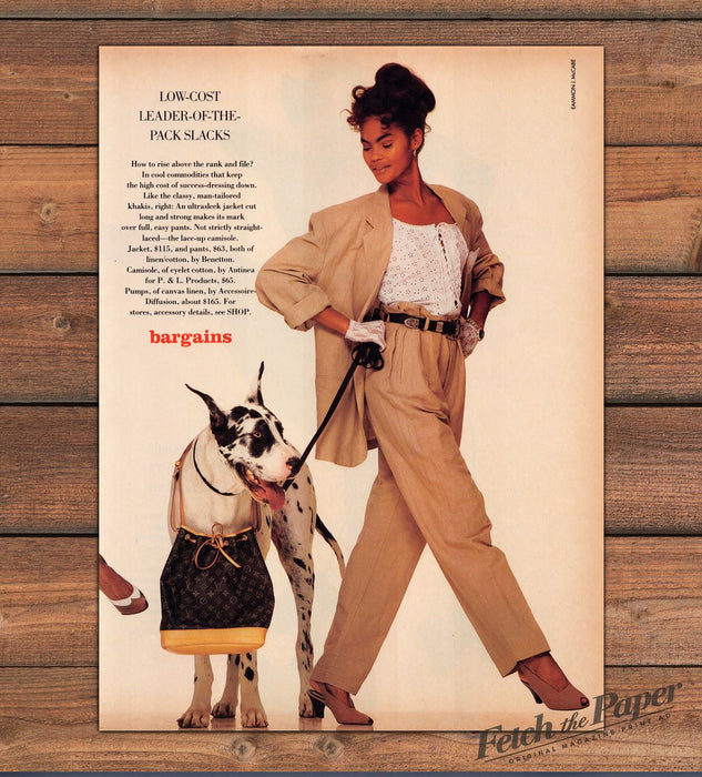 Great Dane Pet Dog Leash Woman Linen Khaki Suit Lace Magazine Photo 1988 1980s