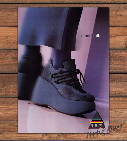 Aldo Y2K Platform Wedge Sneaker "Stand Tall" Blue Suede Print Ad 1998 1990s