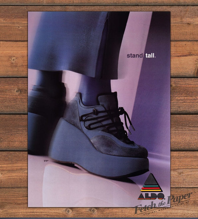Aldo Y2K Platform Wedge Sneaker "Stand Tall" Blue Suede Print Ad 1998 1990s