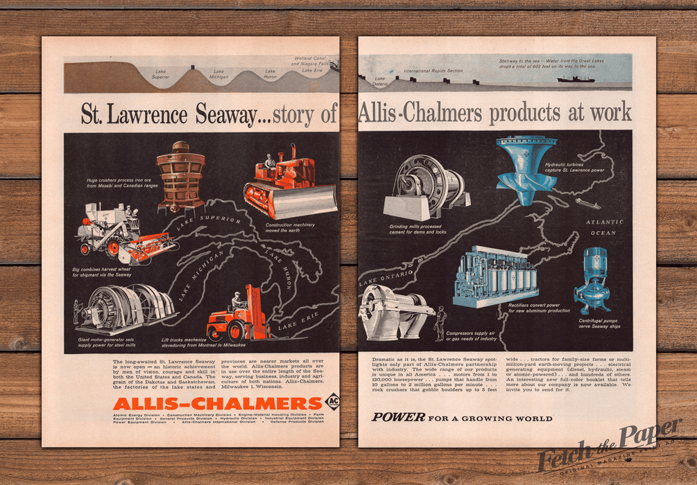 Allis-Chalmers St. Lawrence Seaway Great Lakes Map Print Ad 1959 1950s (2pgs)