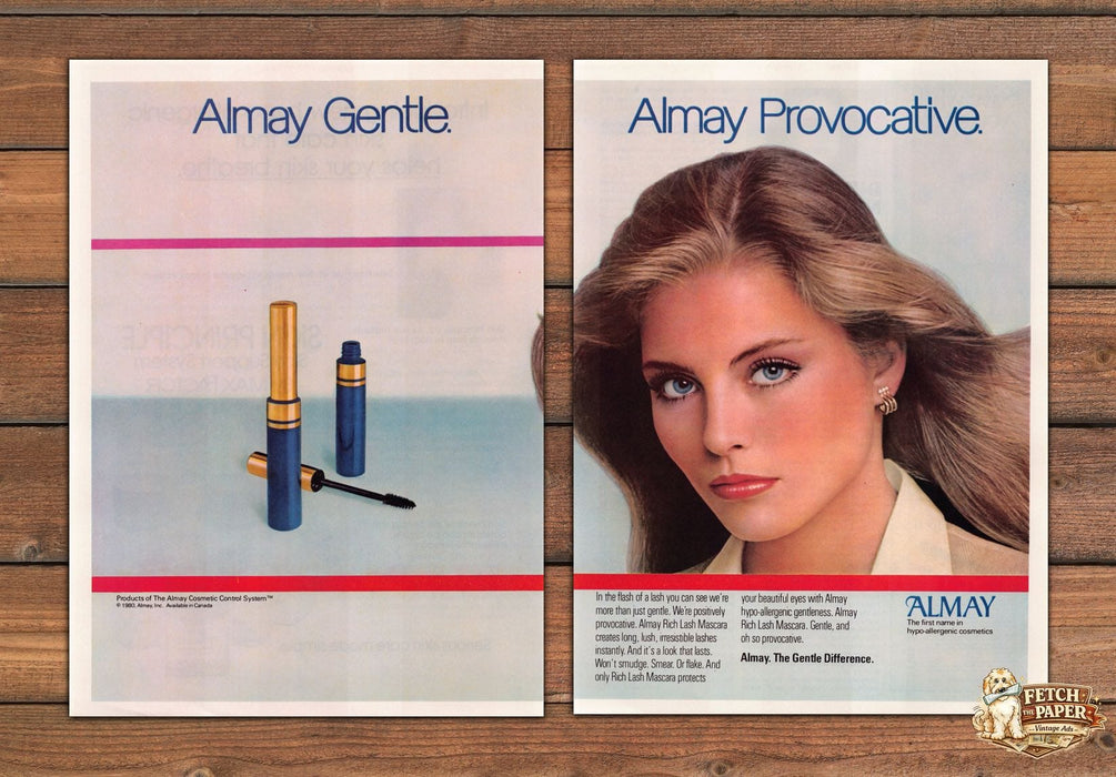 Almay Gentle Provocative Rich Lash Mascara Cosmetics Print Ad 1981 1980s (2 pgs)