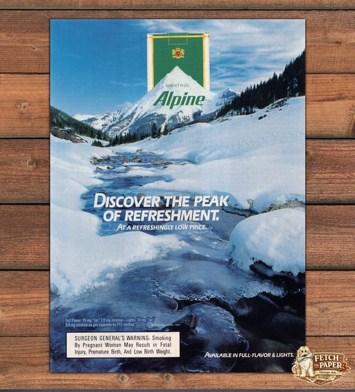 Alpine Menthol Cigarettes Peak Refreshment Snowy Mountain Print Ad 1989 1980s