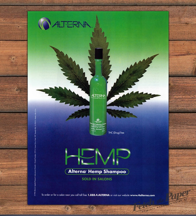 Alterna Hemp Shampoo Bottle and Hemp Leaf Print Ad 1998 1990s