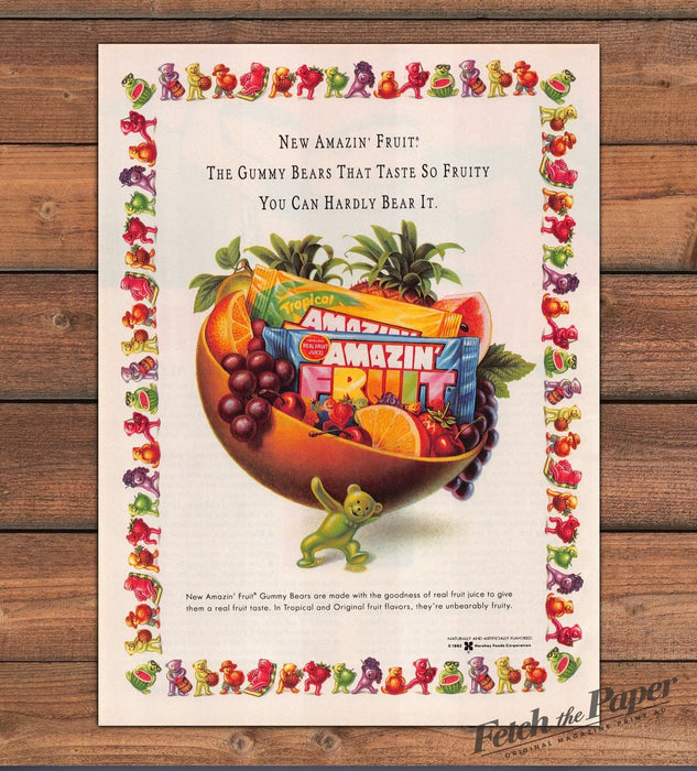 Amazin Fruit Gummy Bears Fruit Bowl Illustrated Border Print Ad 1993 1990s