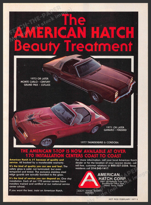 American Hatch 1970s Magazine Print Advertisement 1977 T-Top Camaro Monte Carlo American Hatch