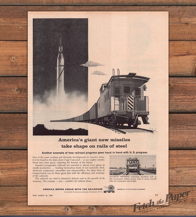 American Railroads Giant Missiles On Rails Of Steel Rocket Print Ad 1959 1950s