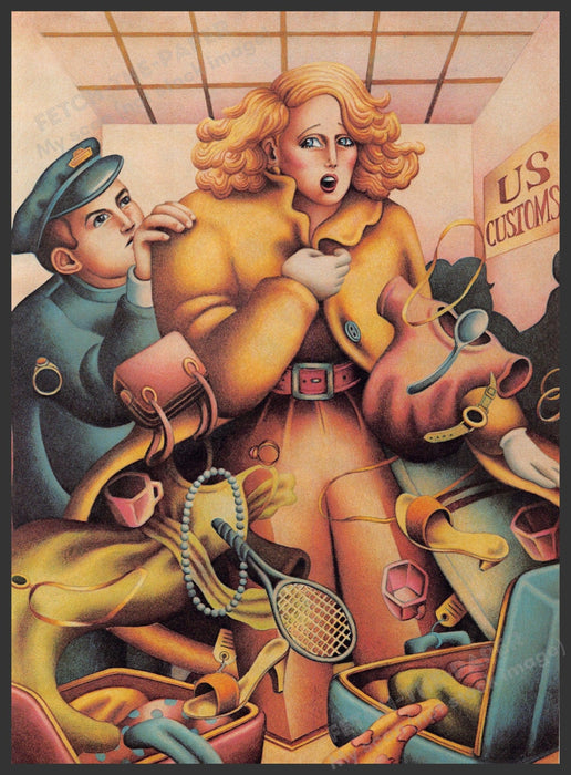 Amy Horowitz Artist 1980s Magazine Illustration 1982 "The lady is a smuggler" Fetch-the-Paper