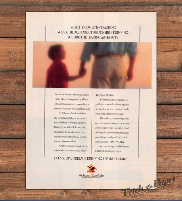 Anheuser-Busch Father Son Holding Hands Responsible Drinking Print Ad 1993 1990s
