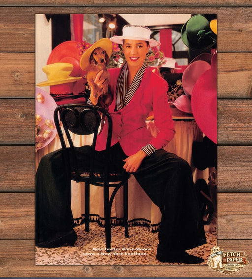 Anne Moore Hat Boutique Dachshund Puppy Straw Hat Blazer Print Ad 1989 1980s