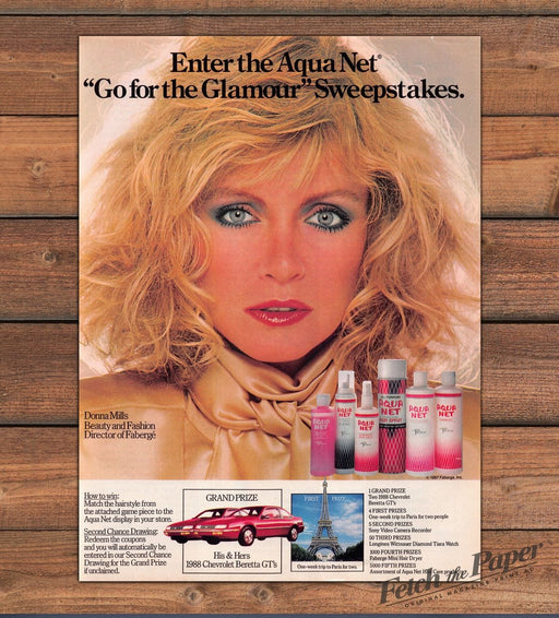 Aqua Net Hairspray Sweepstakes Donna Mills Big Hair Print Ad 1987 1980s