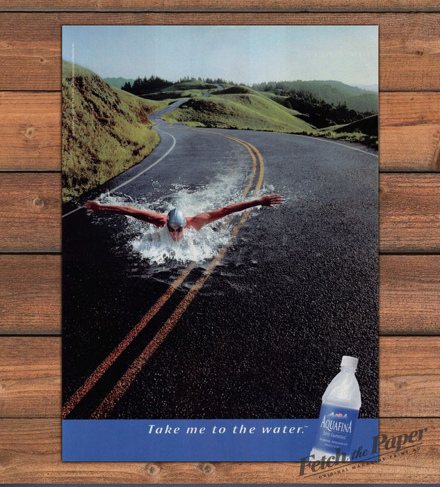 Aquafina Water "Take Me To The Water" Surreal Road Swimmer Print Ad 1997 1990s