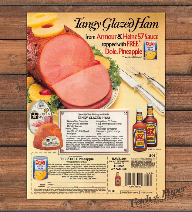 Armour Ham Heinz 57 Dole Pineapple Glazed Ham Recipe Print Ad 1987 1980s