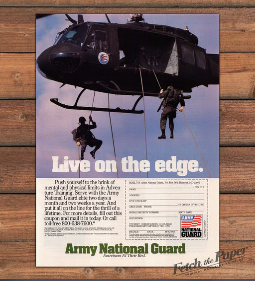 Army National Guard Live On The Edge Soldiers Rappelling Print Ad 1988 1980s