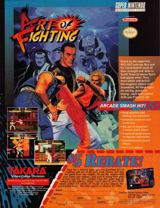 Art of Fighting Super Nintendo Video Game 1990s Print Advertisement Ad 1993