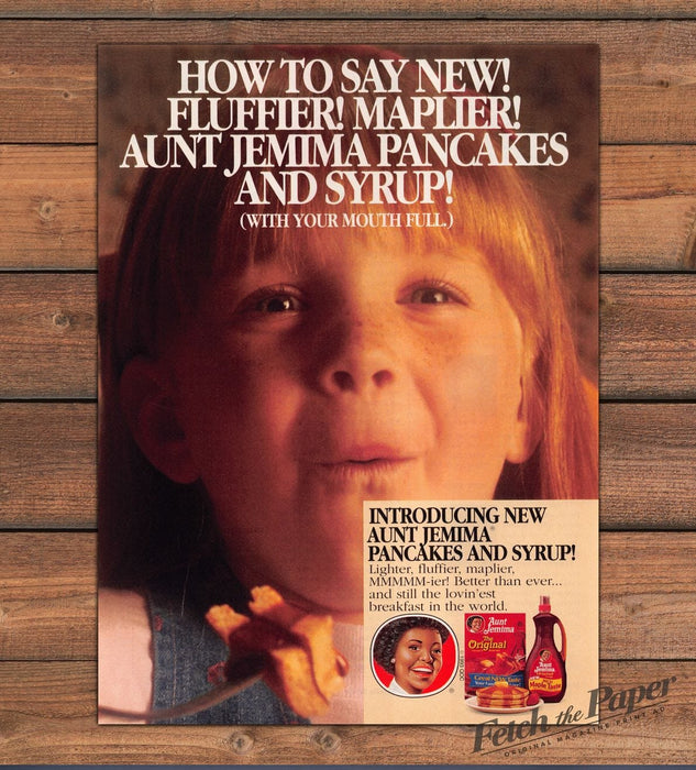Aunt Jemima Pancakes Syrup Girl Eating New Recipe Print Ad 1993 1990s