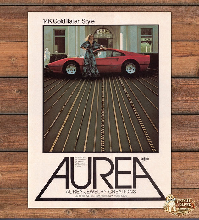 Aurea 14K Gold Italian Chains Ferrari Pucci Gown Jewelry Print Ad 1979 1970s