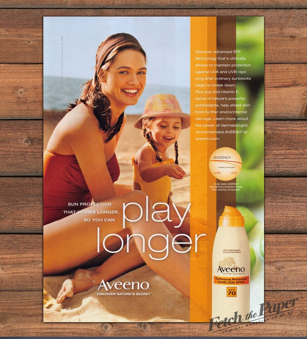 Aveeno Continuous Protection Sunblock Spray SPF 70 Beach Print Ad 2008 2000s