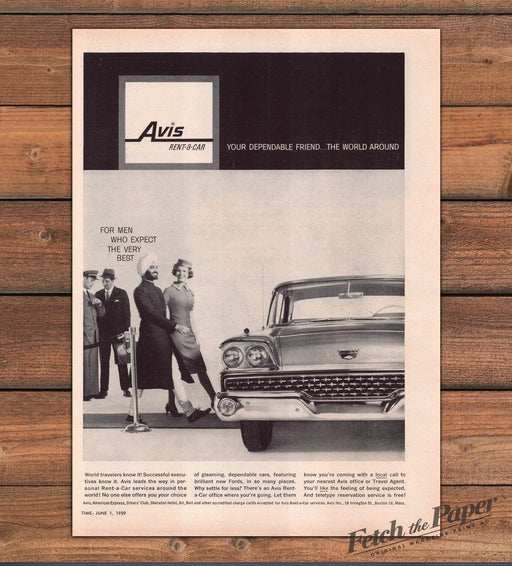 Avis Rent-a-Car Sikh Man Turban Stewardess Ford Car Print Ad 1959 1950s