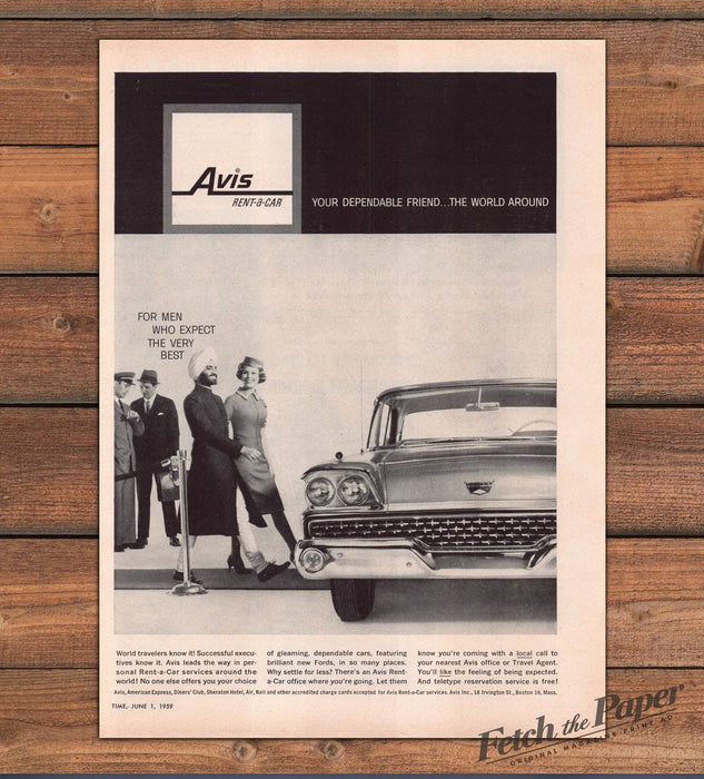Avis Rent-a-Car Sikh Man Turban Stewardess Ford Car Print Ad 1959 1950s